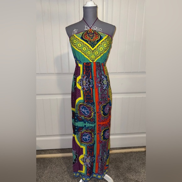 2/$35 Flying Tomato Halter Dress Y2K Multicolor Aztec Rayon Lightweight Size M - Picture 1 of 7